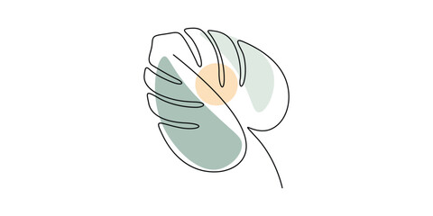 Minimalist line art illustration of a Monstera plant leaf.  Unbroken single line art Monstera leaf vector illustration