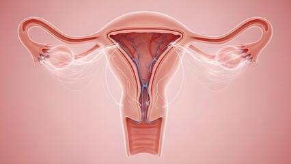 Ultra-detailed 3D medical illustration of the human uterus during the follicular phase of the menstrual cycle, showing thin regenerating endometrium, uterine cavity, blood vessels, and hormonal activi