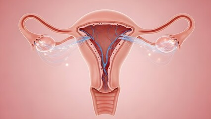 Ultra-detailed 3D medical illustration of the human uterus during the follicular phase of the menstrual cycle, showing thin regenerating endometrium, uterine cavity, blood vessels, and hormonal activi