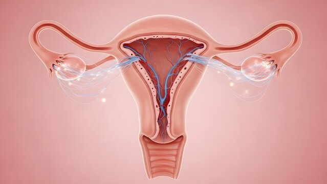 Ultra-detailed 3D medical illustration of the human uterus during the follicular phase of the menstrual cycle, showing thin regenerating endometrium, uterine cavity, blood vessels, and hormonal activi