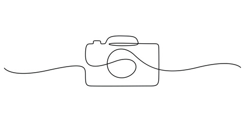 Minimalist one-line drawing of a camera, Unbroken outline of a digital single-lens reflex (DSLR) camera