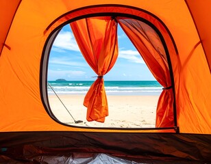 An eye-level shot framed by an orange tent's opening reveals a sun-drenched beach with an inviting ocean vista under a cloud-dotted sky