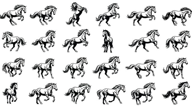 A collection of black and white illustrations showing various poses of horses running and galloping