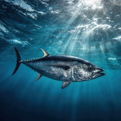 Obraz premium Blackfin tuna gliding through crystal blue open water