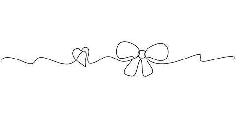 Continuous line art drawing of a bow and a heart, Single line art love symbol vector illustration