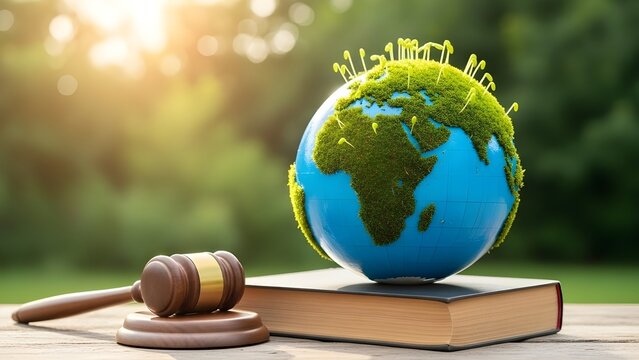 El martillo y el planeta tierra con musgo yacen en el libro, contra el bokeh verde.
 Concepto de ecolog&iacute;a, derecho ambiental, protecci&oacute;n de la naturaleza, justicia, regulaci&oacute;n clim&aacute;tica, sostenibilida