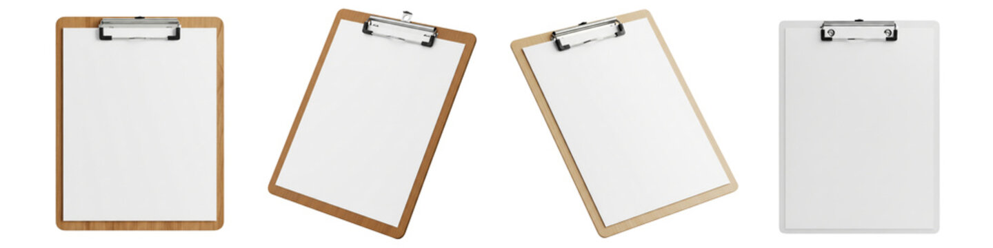 Collection of clipboards with blank white paper isolated on white