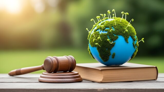 El martillo y el planeta tierra con musgo yacen en el libro, contra el bokeh verde.
 Concepto de ecolog&iacute;a, derecho ambiental, protecci&oacute;n de la naturaleza, justicia, regulaci&oacute;n clim&aacute;tica, sostenibilida