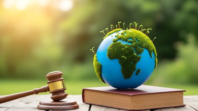 El martillo y el planeta tierra con musgo yacen en el libro, contra el bokeh verde.
 Concepto de ecolog&iacute;a, derecho ambiental, protecci&oacute;n de la naturaleza, justicia, regulaci&oacute;n clim&aacute;tica, sostenibilida
