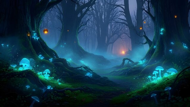 Un solo hongo en un bosque oscuro por la noche.
 Adecuado para temas de naturaleza y nocturnos.