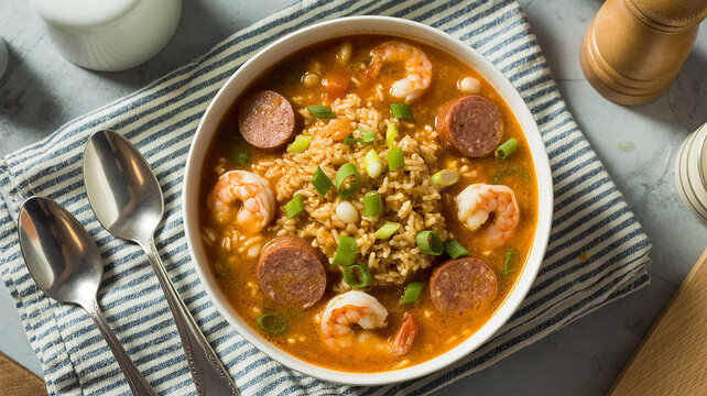A high-quality food photograph of a bowl of gumbo soup on a striped blue and white linen napkin.