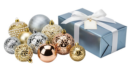 Christmas ornaments and gift box on black background
