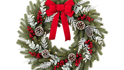Christmas wreath with red bow pine cones and berries
