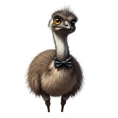 Cute emu bird wearing a black bow tie on black background