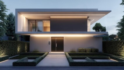 Fototapeta premium Modern two-story house with minimalist design, illuminated, surrounded by manicured landscaping