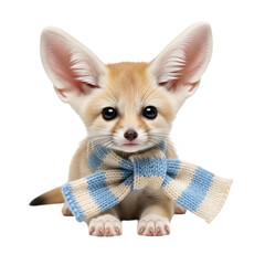 Fennec fox cub wearing a blue and white striped scarf