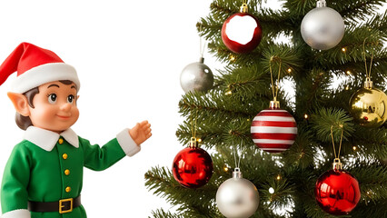 Elf doll and decorated Christmas tree with ornaments