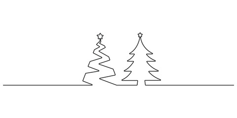 Vector illustration of minimalist, continuous one-line drawing of two Christmas trees with stars on top