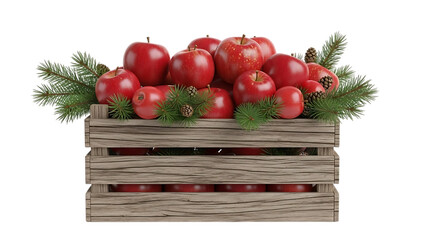 Red apples in wooden crate with pine branches and cones