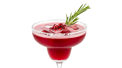 Red cocktail with pomegranate seeds and rosemary garnish