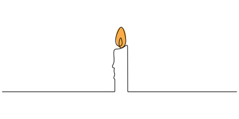 Minimalist line-art illustration of a burning candle. Continuous one line drawing of candle icon. Unbroken single line art burning candle vector illustration