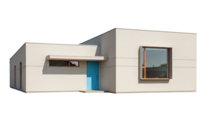 Modern beige house with blue door isolated PNG, contemporary architecture with clean lines and geometric design for real estate and construction