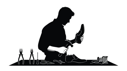 Man sitting on floor repairing shoe with tools around him in silhouette style isolated on white background