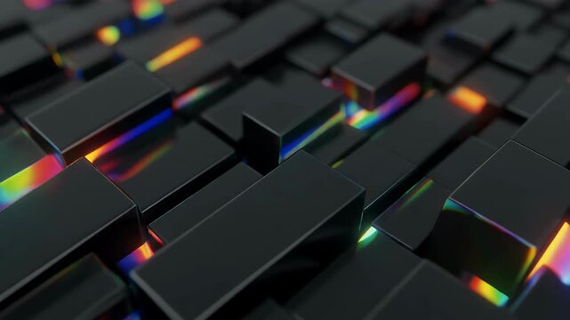 Abstract background of dark, reflective rectangular prisms with iridescent light refractions.