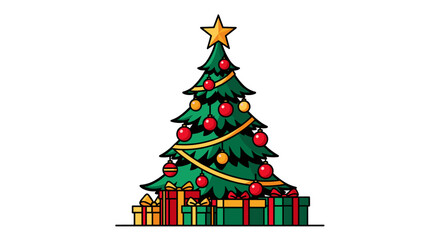 Fototapeta premium A beautifully decorated Christmas tree stands tall, adorned with vibrant red and gold ornaments, surrounded by an abundance of festive gift boxes.