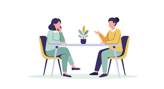 Two women engage in a thoughtful conversation across a table, illustrating effective communication and active listening in a modern, flat vector style.