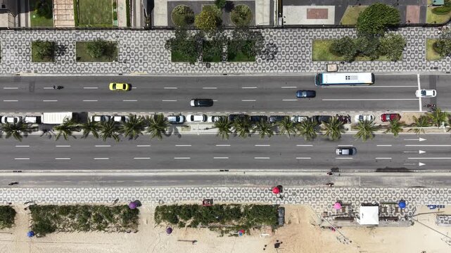 Drone top-down view of Copacabana coastal road with traffic and palm trees, Rio de Janeiro