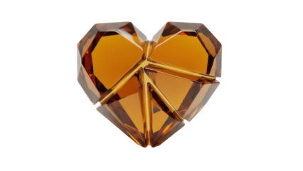 Amber heart made of crystal isolated PNG on transparent background, faceted gemstone love symbol for jewelry and Valentine s Day