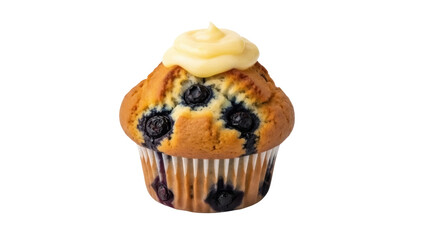 Delicious blueberry muffin with frosting isolated PNG, sweet baked treat for breakfast or dessert on transparent background
