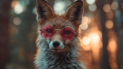 Naklejka premium Cool Fox Wearing Pink Sunglasses in Autumn Forest.