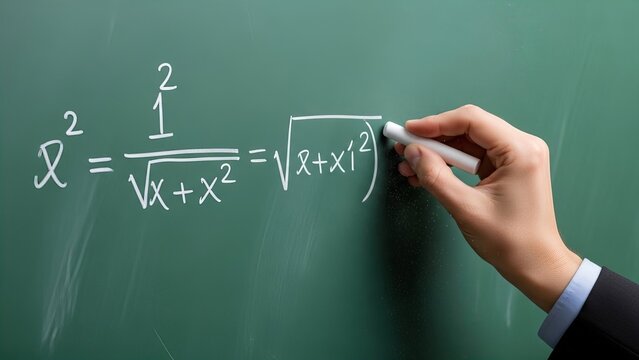 A person's hand in a suit is writing a complex mathematical equation on a green chalkboard using white chalk, illustrating education and problem-solving. - Powered by Adobe
