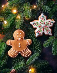 Close-up of Pine branches decorated with Christmas gingerbread cookies