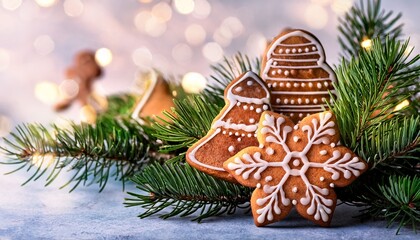 Close-up of Pine branches decorated with Christmas gingerbread cookies