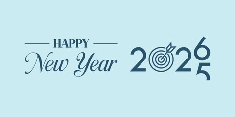 Elegant “Happy New Year 2026” typography in dark teal on light blue background, modern calligraphy and bold numbers with swoosh element, ideal for seasonal greeting cards, banners. © bibin