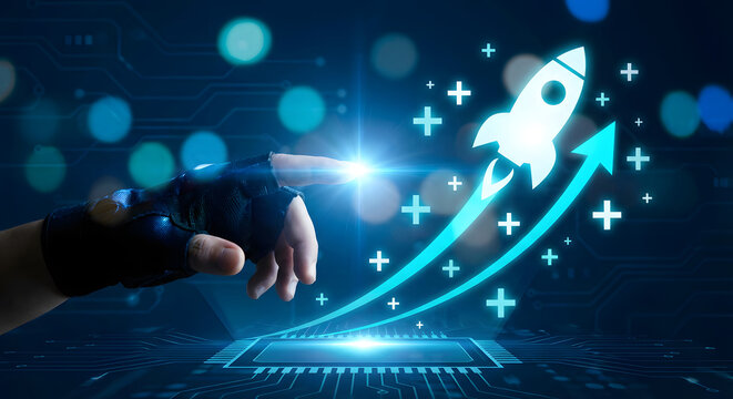 Futuristic digital innovation with rocket icon and upward arrows in high-tech environment - Powered by Adobe