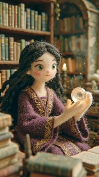 Enchanting Doll Fortune Teller with Crystal Ball in Library Setting.