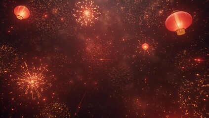 Futuristic festive scene with floating red-gold holographic lanterns glowing in soft volumetric light against a dark premium backdrop, minimal layout with spacious copy area, ideal for luxury seasonal