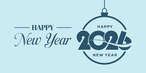 Elegant “Happy New Year 2026” typography in dark teal on light blue background, modern calligraphy and bold numbers with swoosh element, ideal for seasonal greeting cards, banners. © bibin