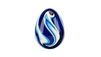 Abstract Glass Egg with Swirling Blue and White Design on White