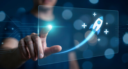 Futuristic digital interface showing a rocket launch trajectory with glowing effects and high-tech design elements