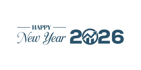 Elegant “Happy New Year 2026” typography design in dark blue on white background, modern calligraphy combined with bold numbers and swoosh element, perfect for holiday greetings, banners, and invitati © bibin
