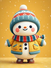 Cute snowman in a winter hat and jacket with falling snow