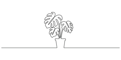Monstera plant in pot minimalist single line drawing vector illustration