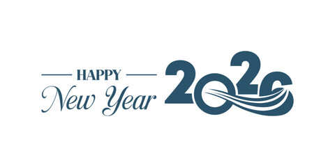 Elegant “Happy New Year 2026” typography design in dark blue on white background, modern calligraphy combined with bold numbers and swoosh element, perfect for holiday greetings, banners, and invitati