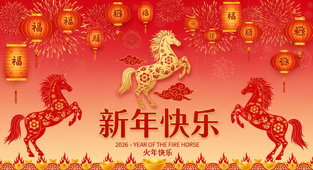 Fototapeta premium Red and gold decorative horses with floral design, against a red gradient and firework backdrop, Chinese lanterns above, celebrating lunar new year