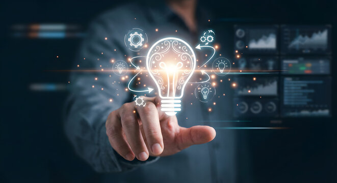 Futuristic technology innovation concept with glowing lightbulb and digital interface elements - Powered by Adobe